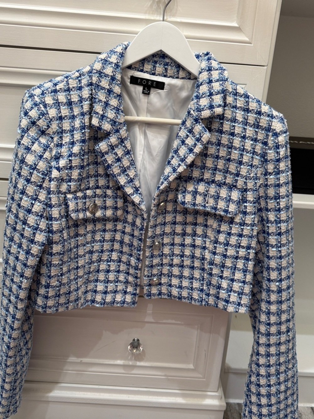 FORE Cropped Tweed Jacket in Blue and White